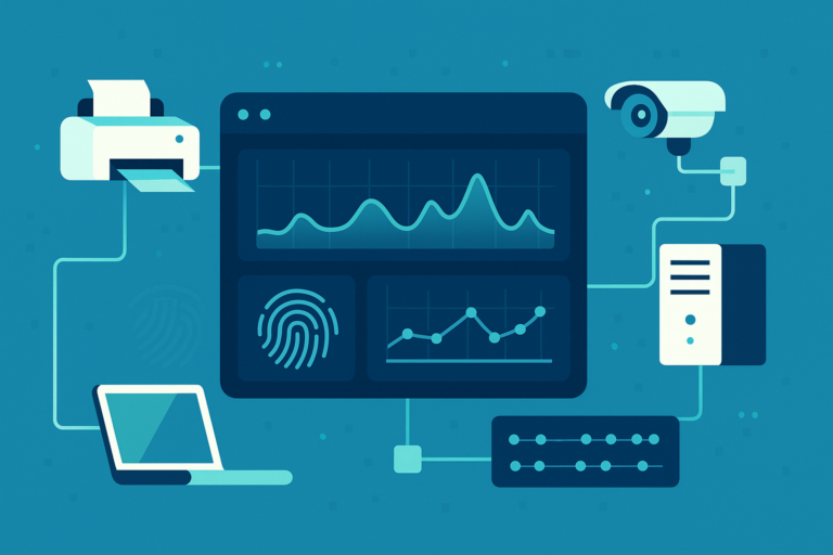 Profiling network device behavior with connected monitoring dashboard showing traffic patterns and security analytics