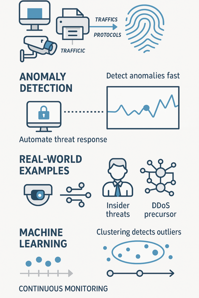 Network security diagram showing device traffic analysis and behavioral anomaly detection through machine learning clustering