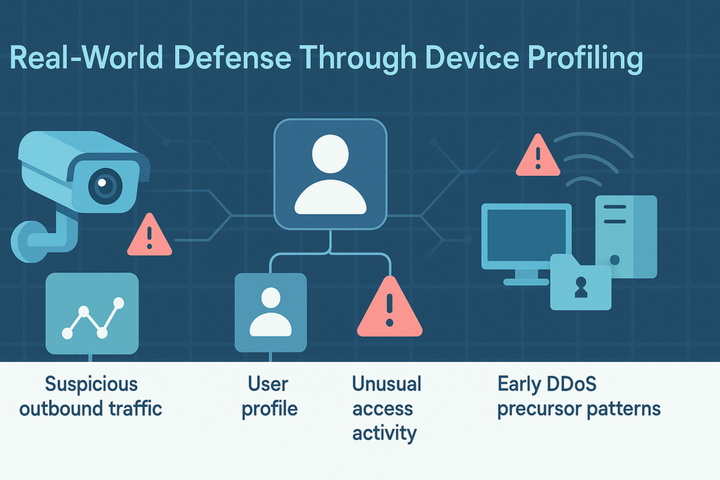 Profiling network device behavior diagram showing security camera, user icons, and threat detection alerts