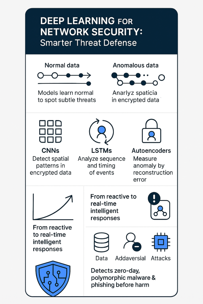 Deep learning for network security infographic showing CNNs, LSTMs, autoencoders for threat detection and defense