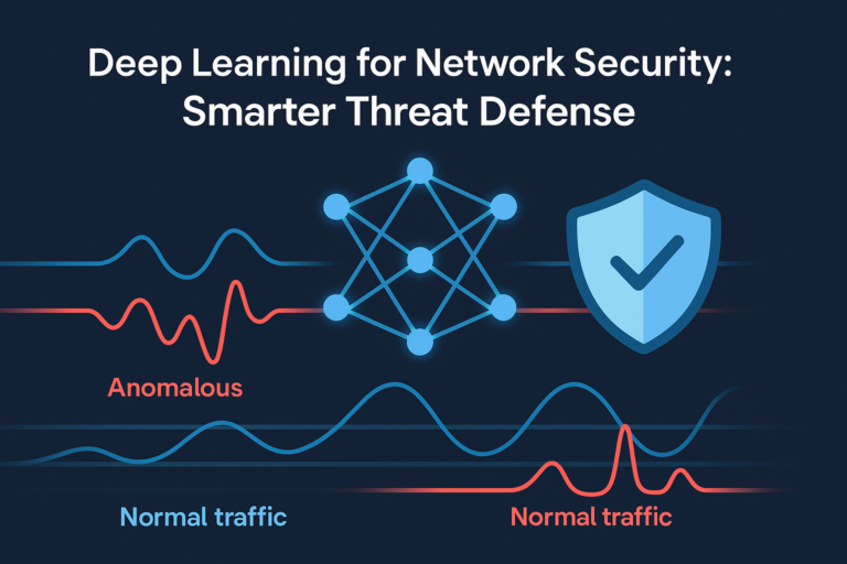 Neural network diagram with shield icon analyzing network traffic patterns for cybersecurity threat detection using deep learning