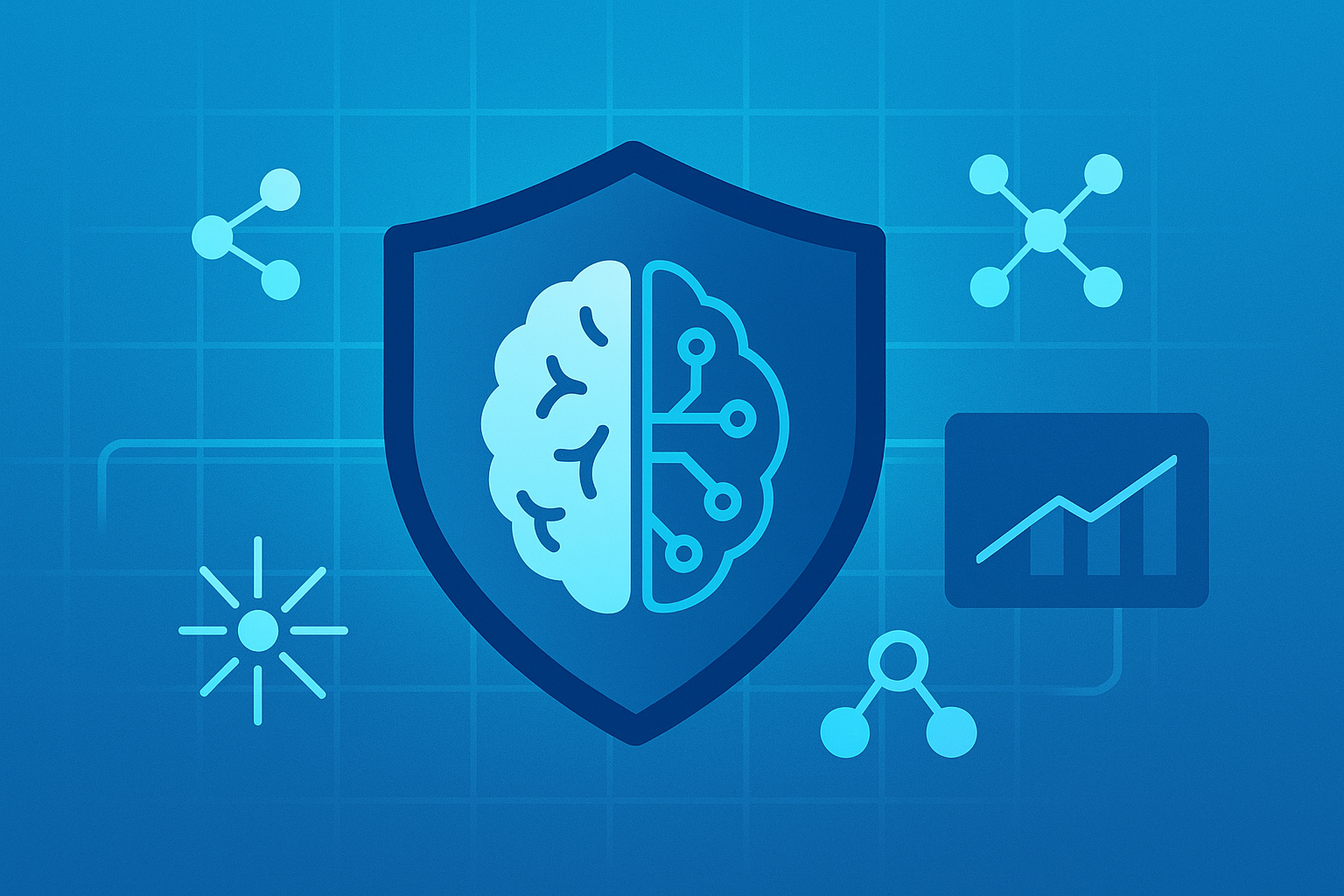 Shield with brain symbolizing applying machine learning cybersecurity with network nodes and analytics dashboard