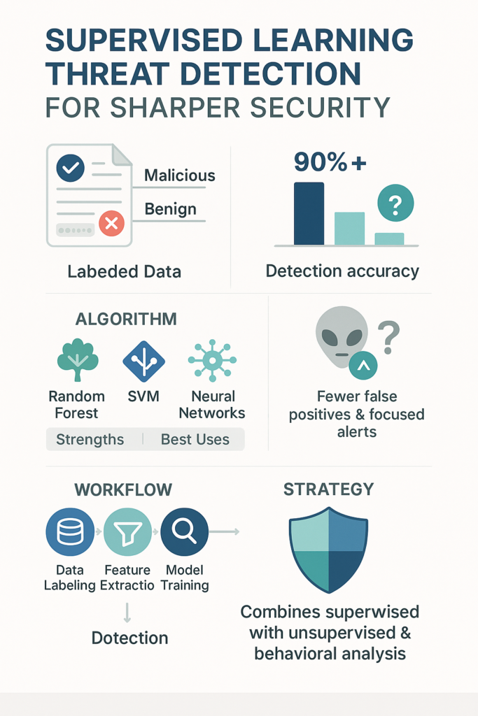 Supervised learning threat detection infographic showing labeled data, algorithms, workflow, and detection accuracy metrics