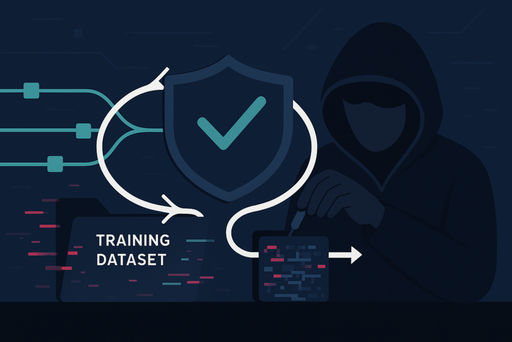 Challenges training ML security models: hacker figure, shield with checkmark, and training dataset in continuous cycle.