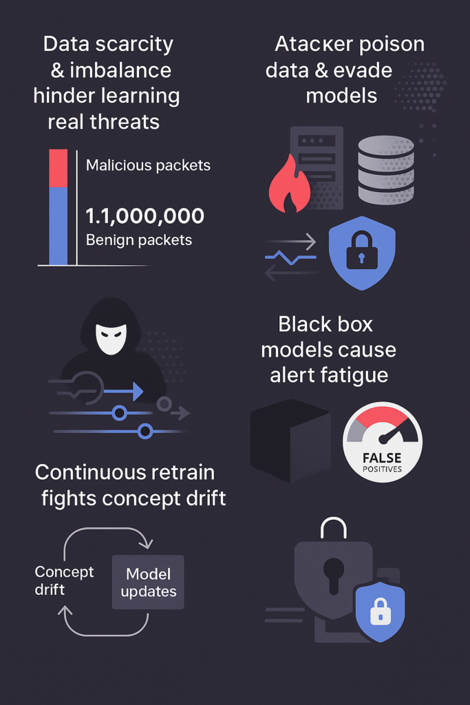 Infographic showing challenges training ML security models: data imbalance, poisoned data, alert fatigue, and concept drift issues.