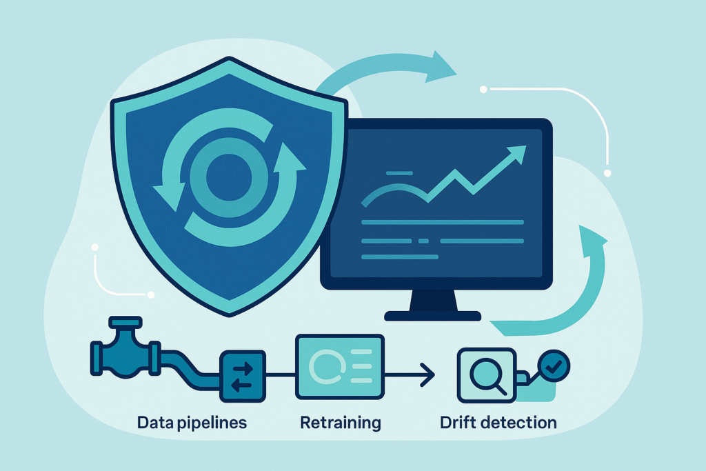 Challenges training ML security models: shield, monitor with analytics, data pipelines, retraining, and drift detection.