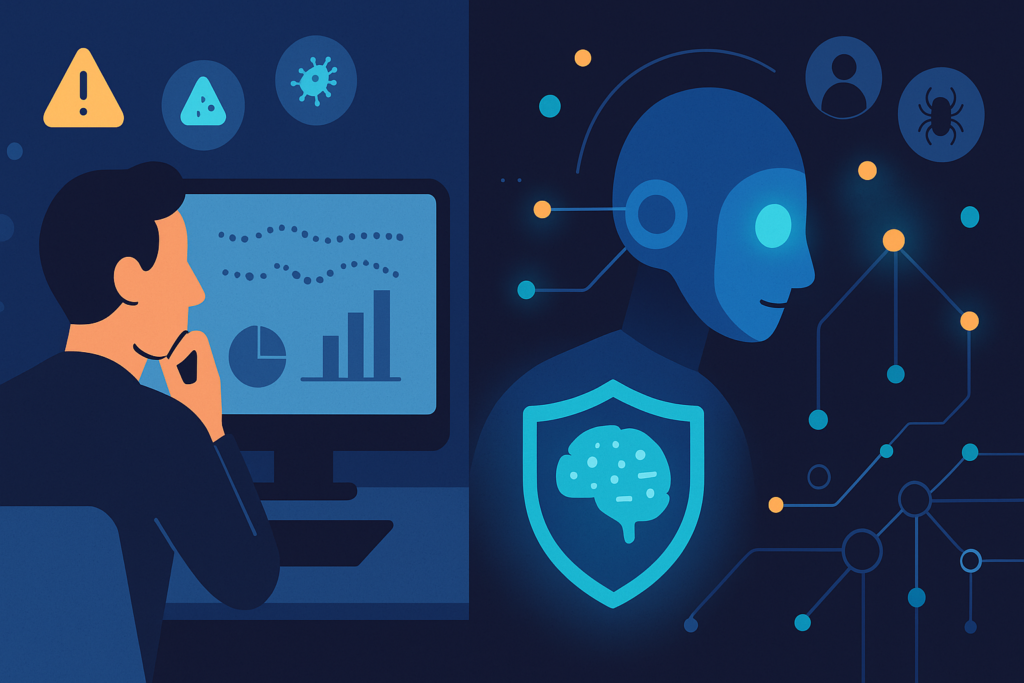 Analyst reviewing AI-powered threat intelligence analysis dashboard with security insights and network threat detection