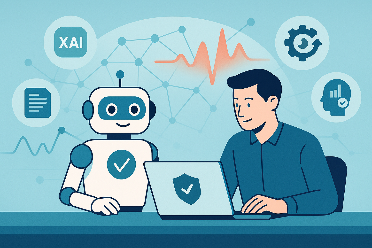 Machine learning & AI in NTD illustrated with robot and analyst collaborating on cybersecurity threat detection.