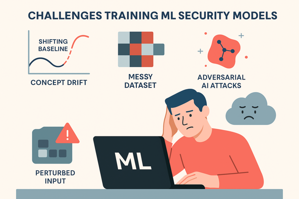 Machine learning & AI in NTD faces challenges like concept drift, messy datasets, and adversarial AI attacks.