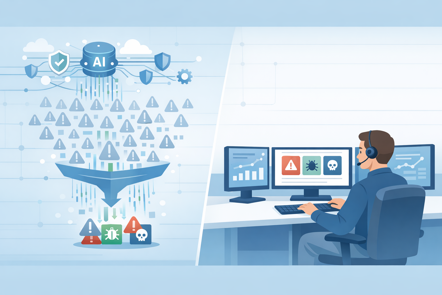 AI system automating threat detection tasks while analyst monitors security alerts on multiple screens.