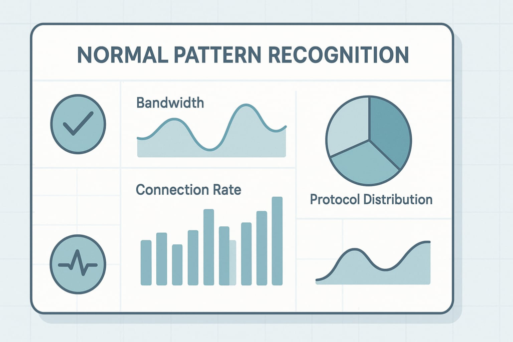 Dashboard showing bandwidth, connection rate, and protocol charts for detecting deviations from normal traffic patterns