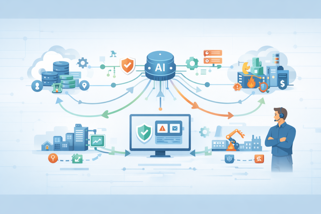 Central AI hub automating threat detection tasks across networked security infrastructure and analyst workflows.