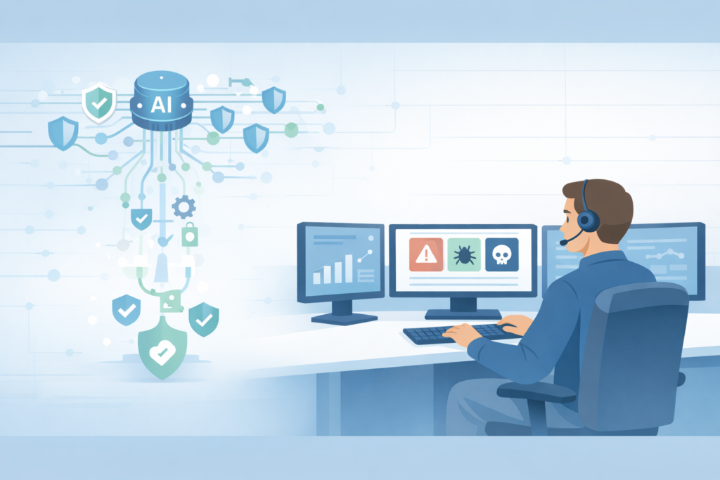 Security analyst monitoring systems while AI handles automating threat detection tasks in the background.