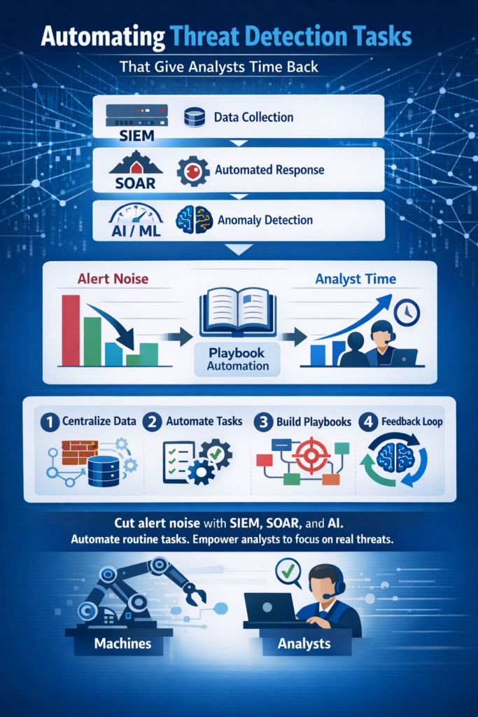 Diagram showing workflow for automating threat detection tasks using SIEM, SOAR, and AI/ML technologies to reduce alert noise.