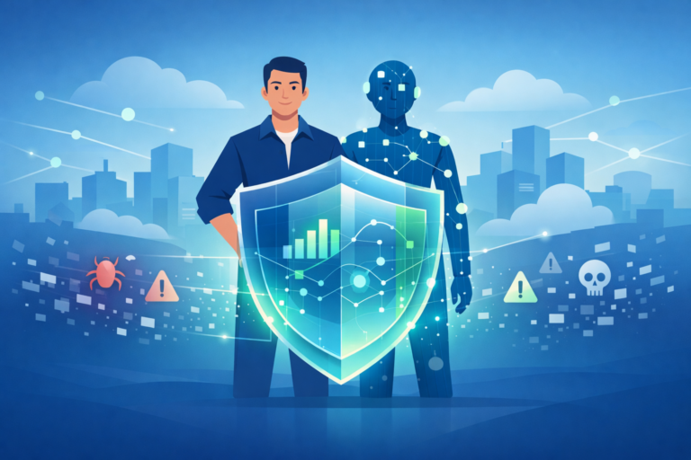 Human and AI figure holding shield representing future trends AI cybersecurity defense against digital threats.