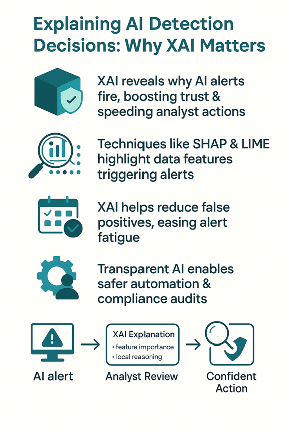 Infographic showing XAI workflow for explaining AI detection decisions with icons for alerts, analysis, and confident action steps.