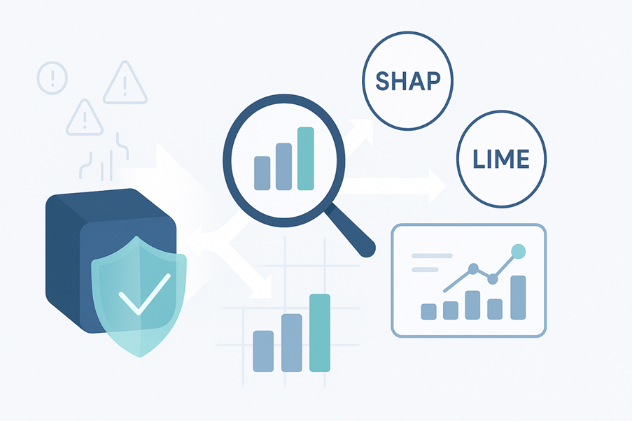Visual representation of explaining AI detection decisions XAI using SHAP and LIME techniques with data analytics icons.