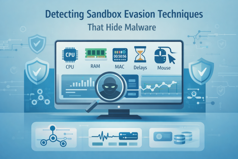 Magnifying glass examining computer screen showing malware detecting sandbox evasion techniques like CPU, RAM, MAC, delays, and mouse.
