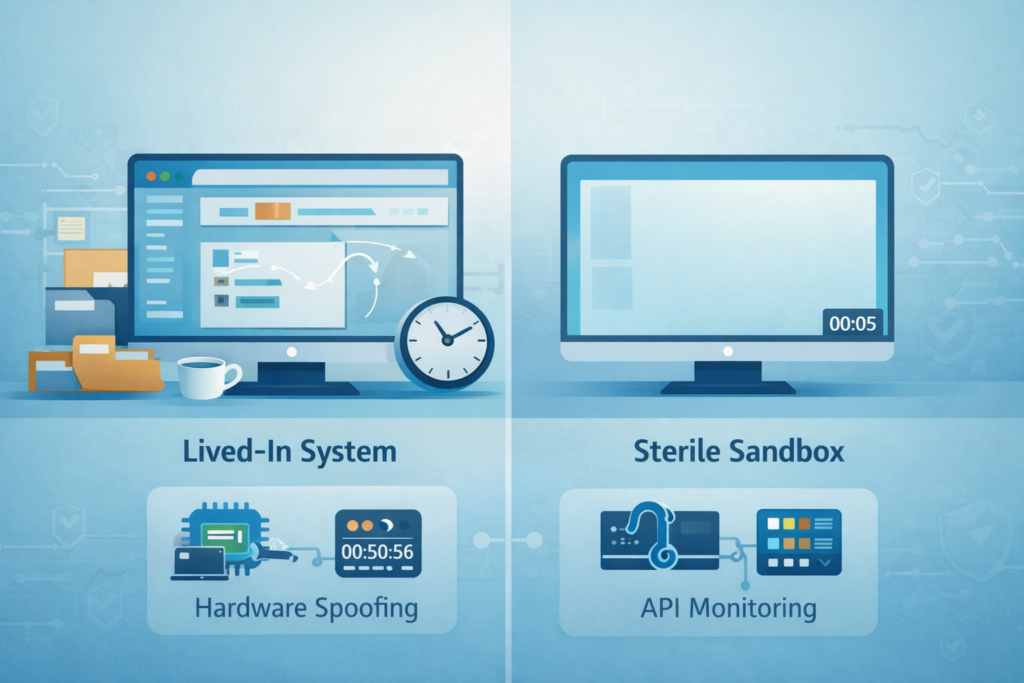 Detecting sandbox evasion techniques: lived-in system with hardware spoofing vs sterile sandbox with API monitoring