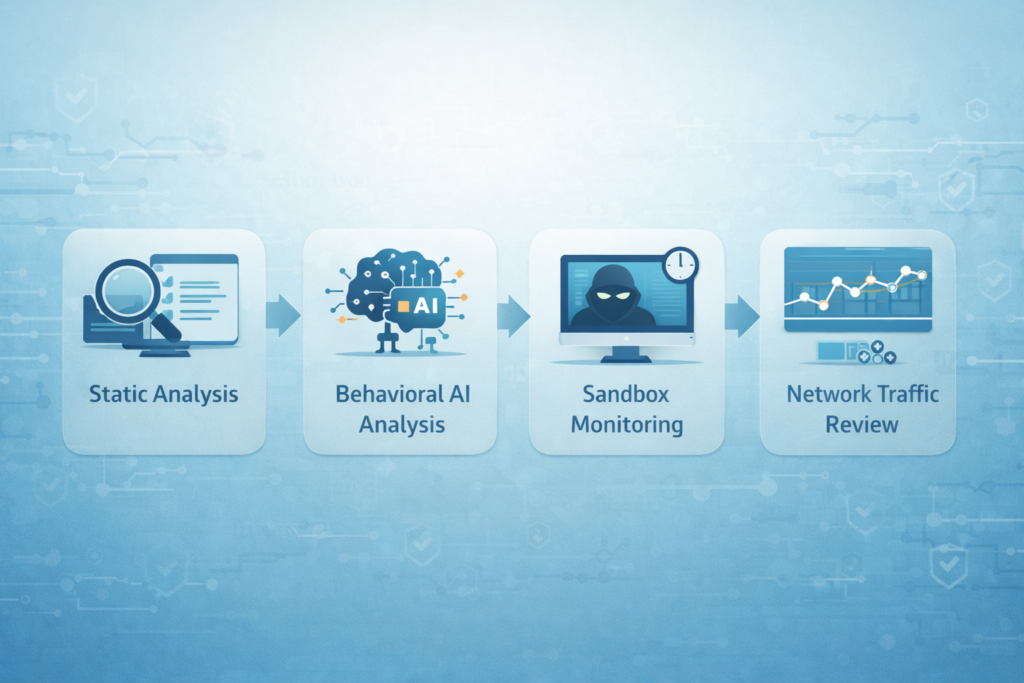 Detecting sandbox evasion techniques workflow: static analysis, AI behavior analysis, sandbox monitoring, network review