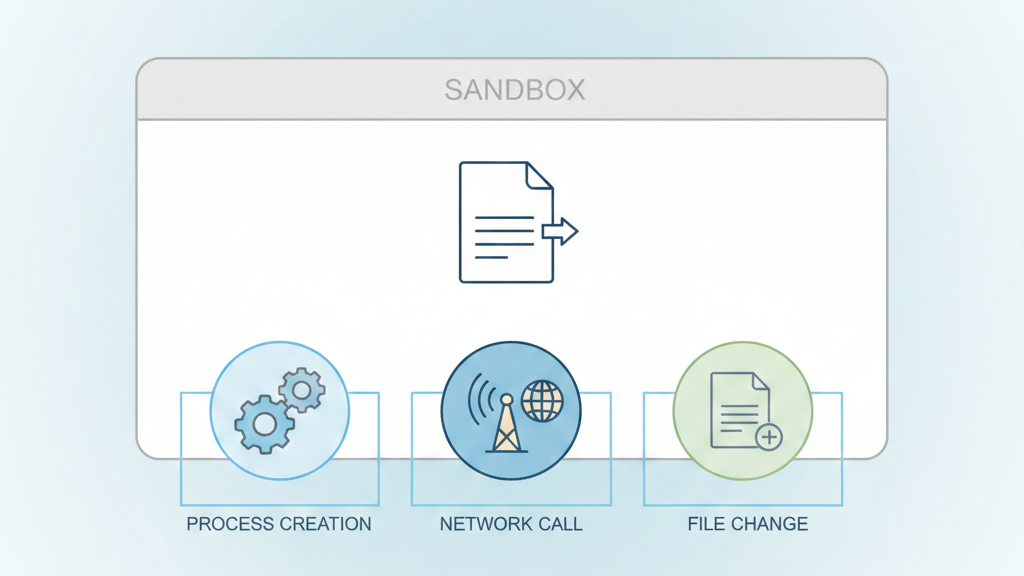 A simplified “inside the sandbox” concept visual: a boxed environment labeled subtly as “Sandbox” containing an abstract file icon executing step-by-step actions.
