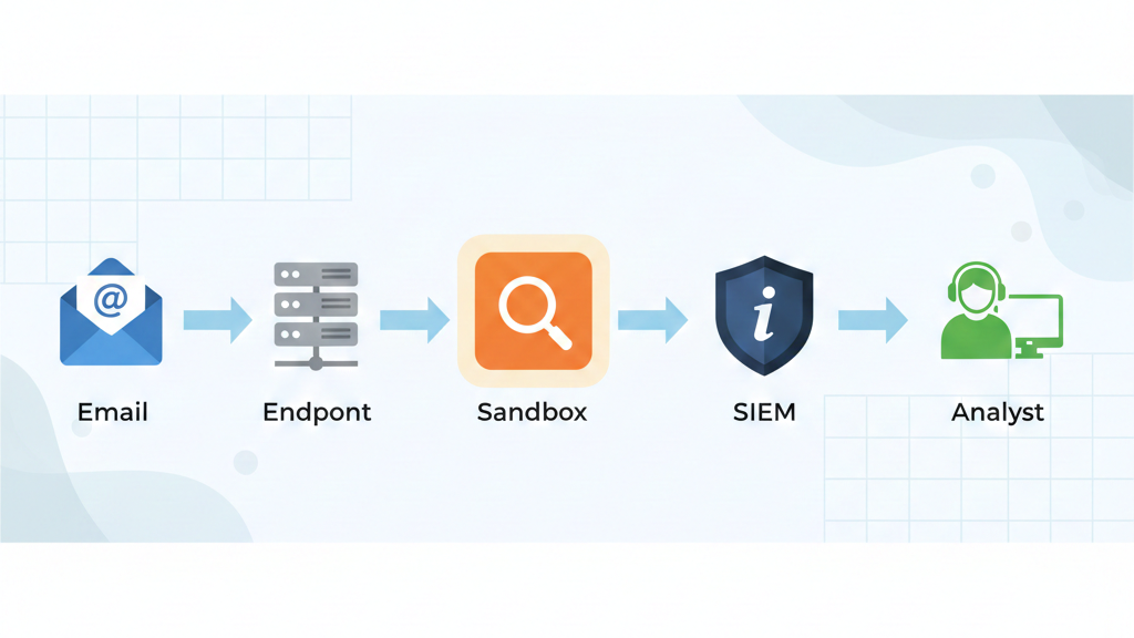 A horizontal workflow diagram showing a clean sequence: Email → Endpoint → Sandbox → SIEM → Analyst.