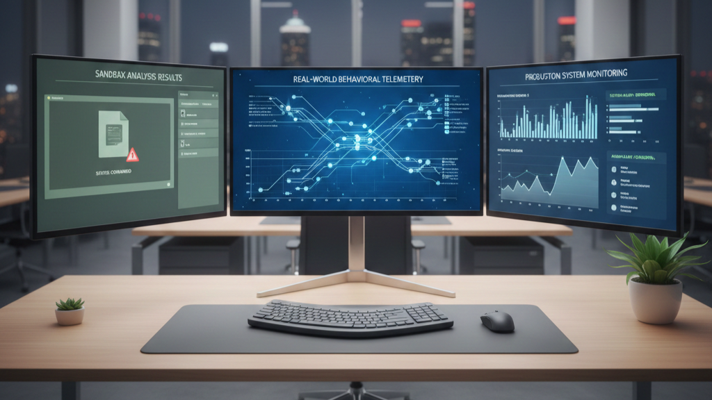 A security analyst’s desk with multiple monitors showing different layers of analysis: sandbox results, real-world behavioral telemetry, and production-like system monitoring.