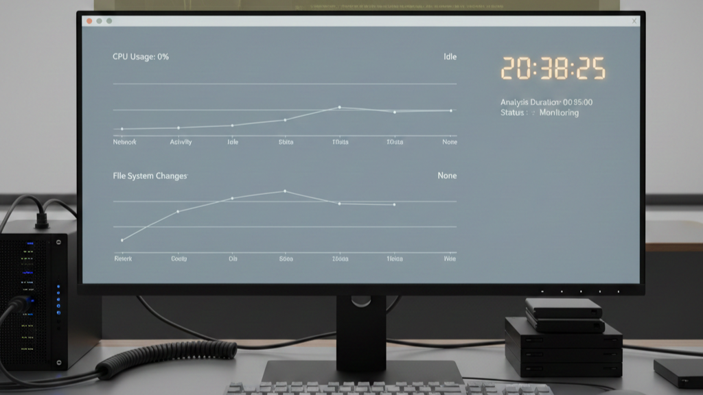 A high-resolution monitor displaying a sandbox analysis dashboard, system layer shows subtle behavioral triggers being delayed or masked.
