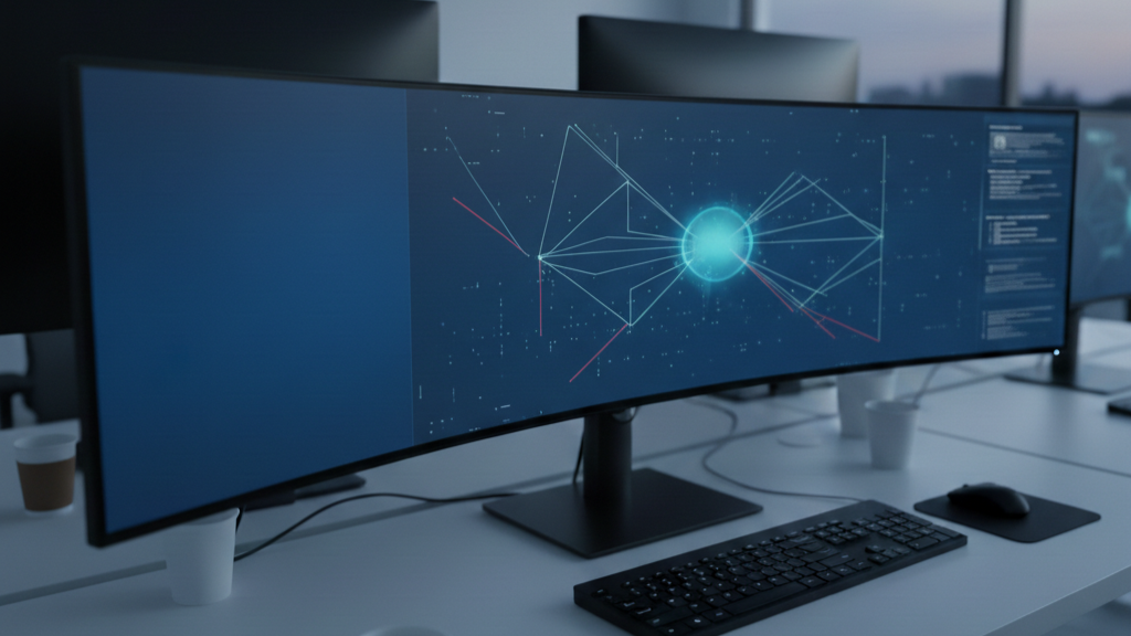 A cybersecurity dashboard scene showing two contrasting sections: One side filled with overlapping, and The other side shows a clean SIEM interface