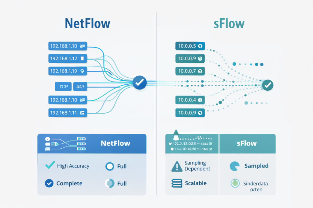 Network Flow Analysis comparing NetFlow and sFlow protocols showing IP addresses, data flows, and key characteristics.