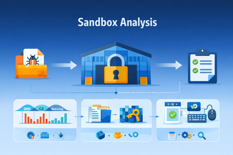 Analyzing malware behavior sandbox process: suspicious file isolation, network monitoring, persistence checks, and reporting