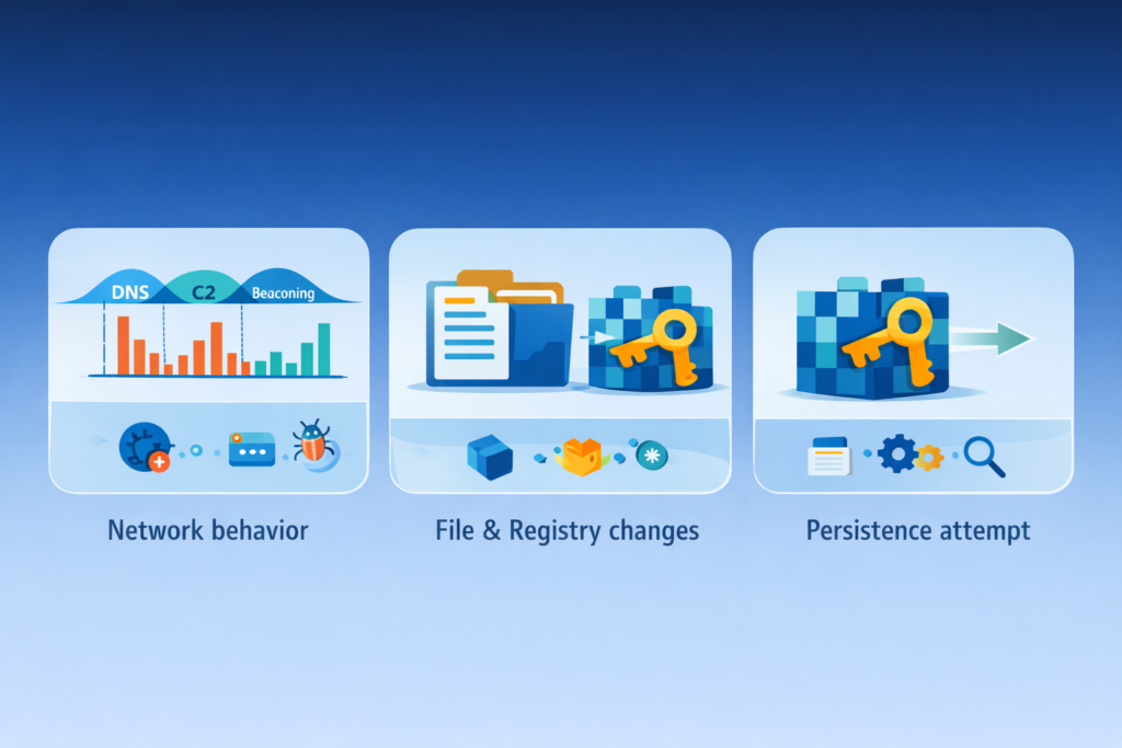 Analyzing malware behavior sandbox monitoring: network activity, file/registry modifications, and persistence mechanisms