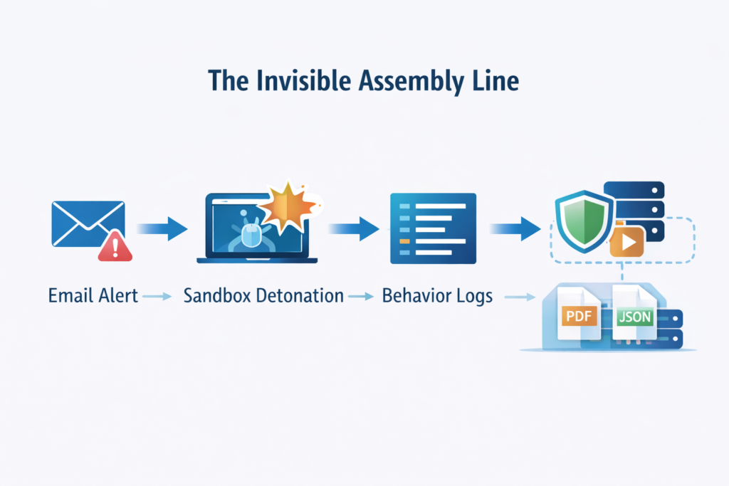 Automated malware analysis reports process from email alert through sandbox detonation to behavior logs and reports