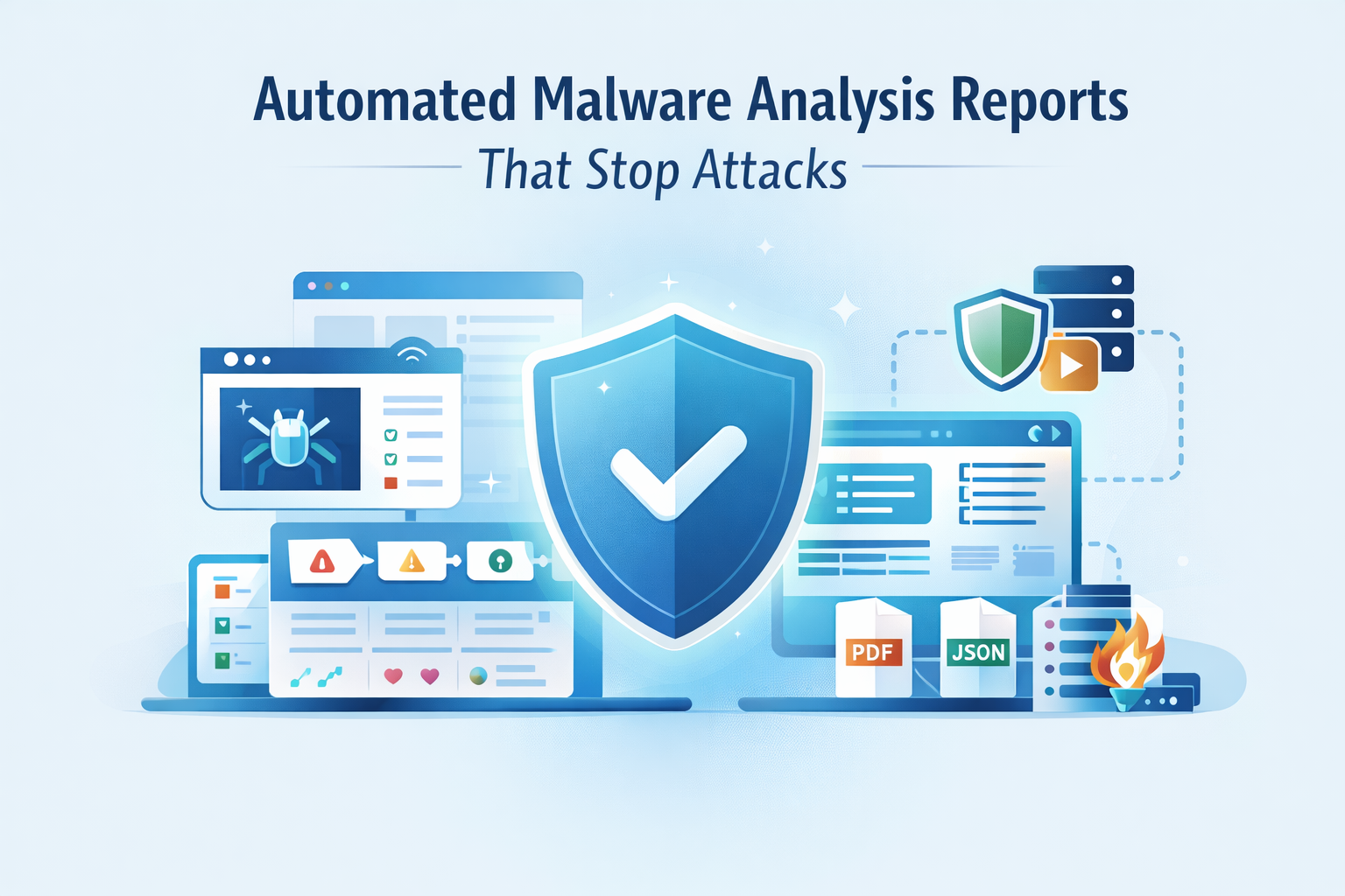 Automated malware analysis reports system with security shield, threat detection dashboards, and report formats