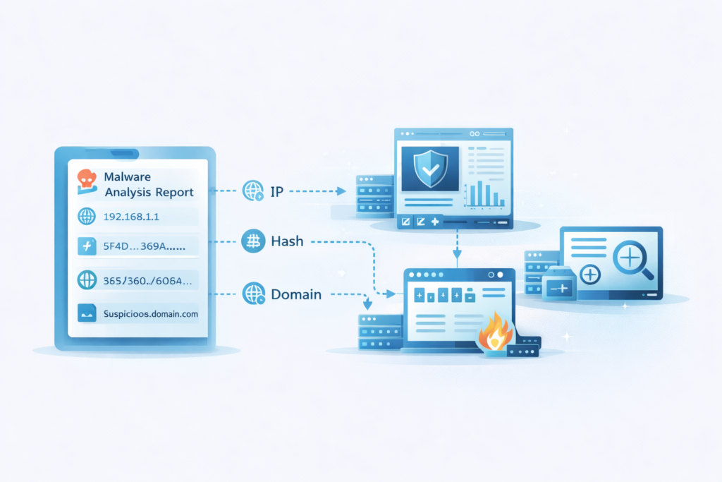 Automated malware analysis reports extracting IP addresses, file hashes, and domains for security investigation