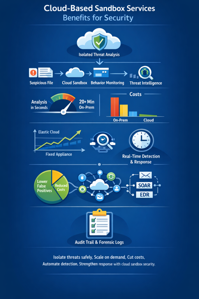 Cloud-based sandbox services benefits infographic showing threat analysis, cost savings, and real-time security detection