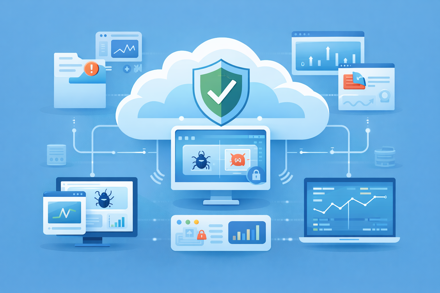 Cloud-based sandbox services benefits: secure network with shield protecting devices from malware and cyber threats