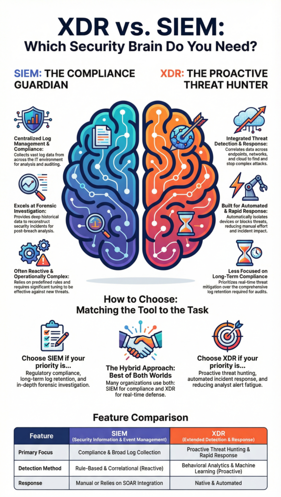 Integrating Sandbox Alerts: SIEM vs. XDR - A comparative infographic on security tools and their specialized functions.