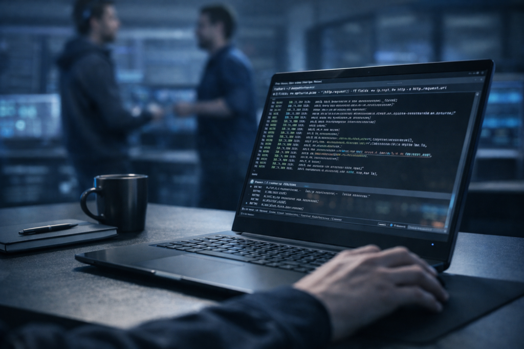 Analyzing PCAP Files Wireshark on dual monitors in a cybersecurity SOC environment