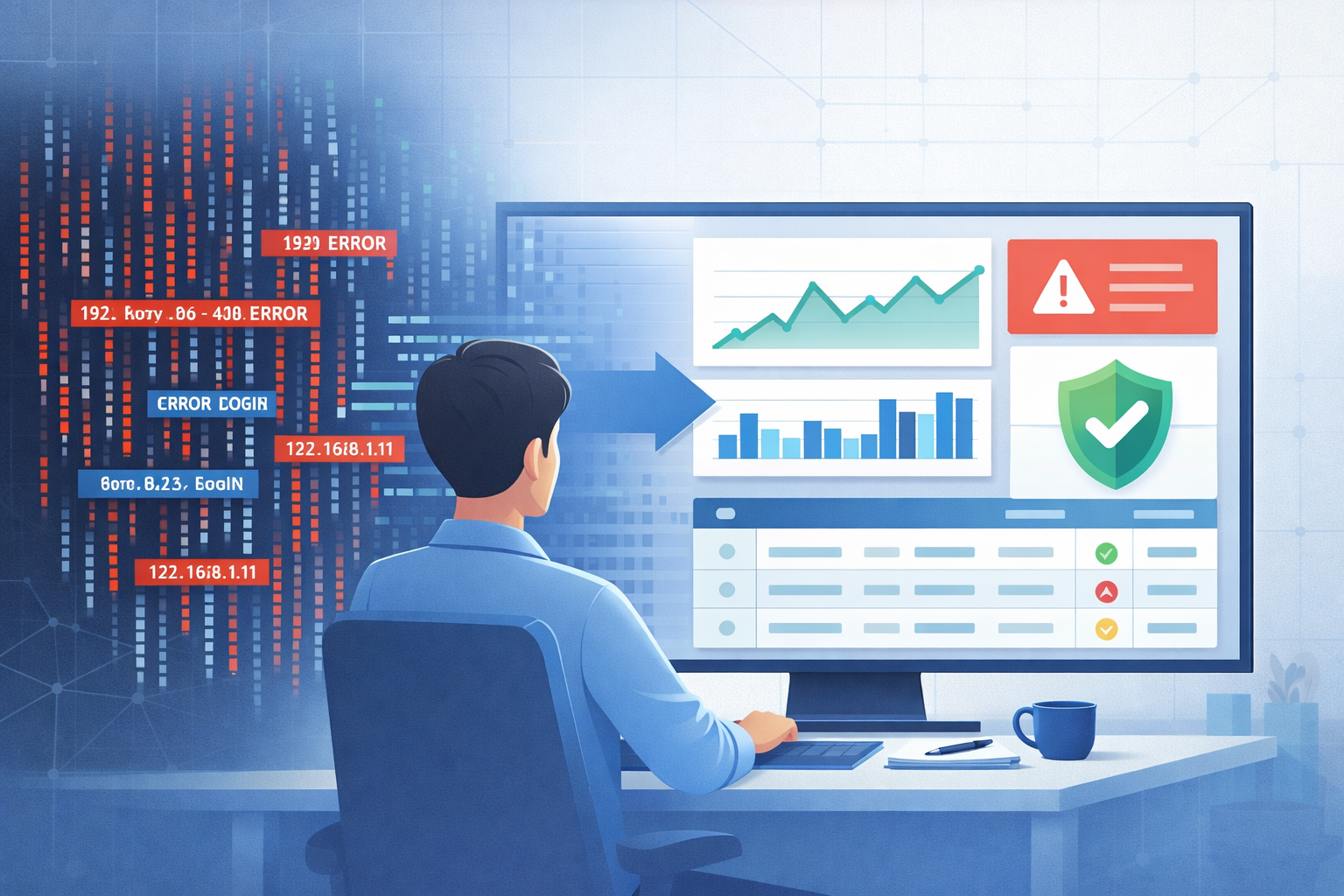 Illustration of analyzing web proxy server logs transforming chaotic logs into dashboards