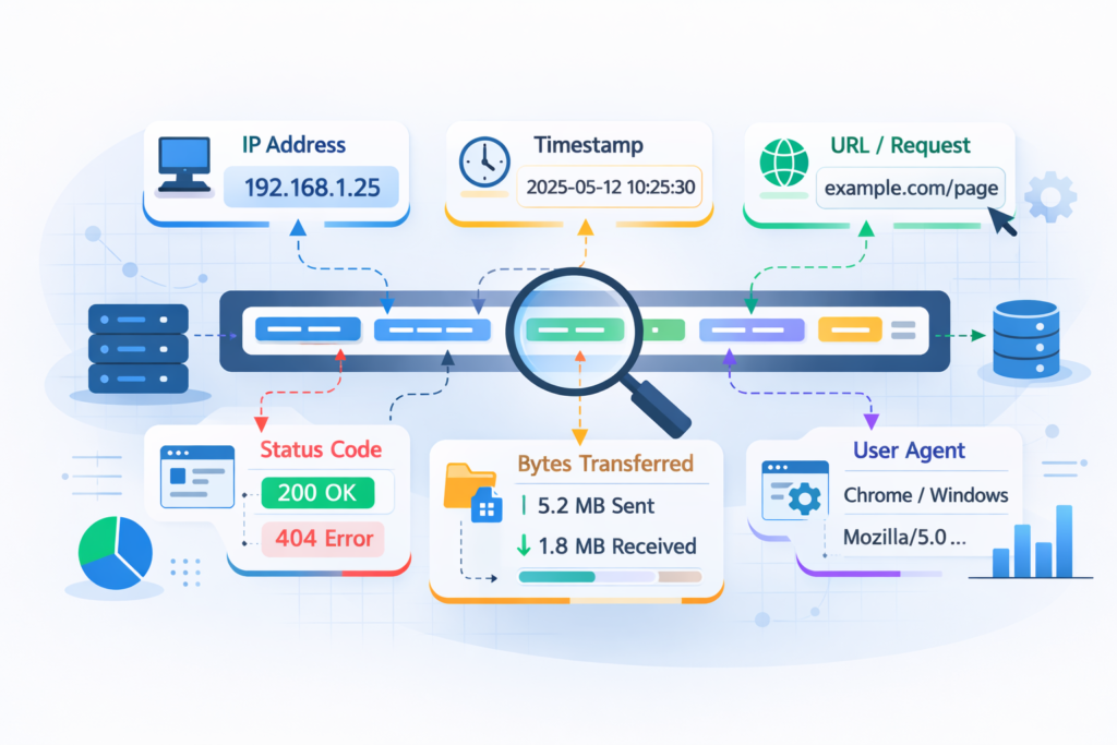Visual guide to analyzing web proxy server logs highlighting key fields and structured log anatomy