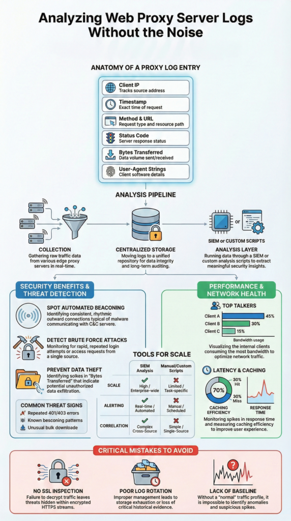 Analyzing Web Proxy Server Logs infographic covering pipeline, threats, tools, and performance insights