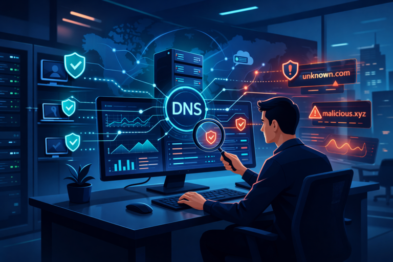 DNS Query Log Monitoring Security scene showing analyst reviewing DNS activity and alerts on large screens