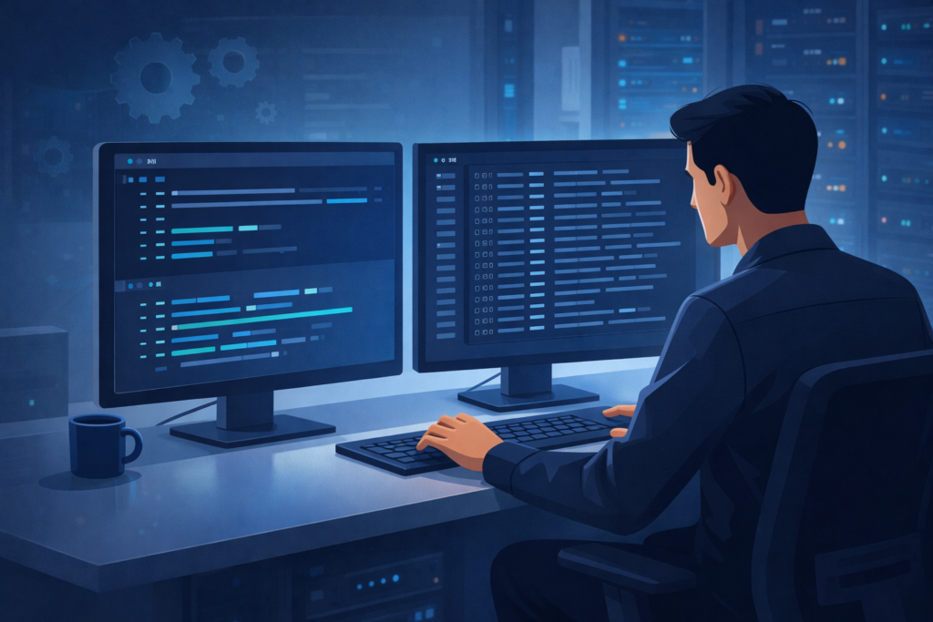 DNS Query Log Monitoring Security illustration of analyst configuring logging on workstation screens