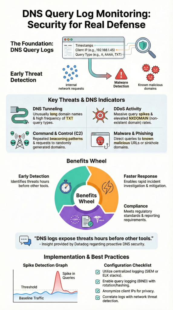 DNS Query Log Monitoring Security infographic showing threats, indicators, and benefits in a clean security overview