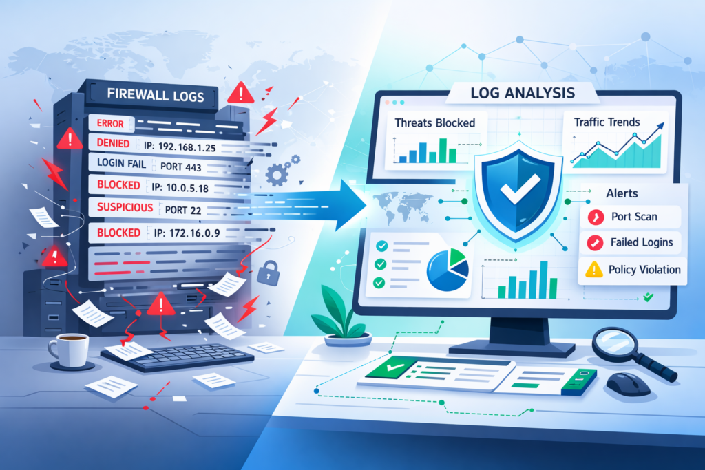 Firewall Log Analysis Best Practices split illustration of chaotic logs turning into security insights