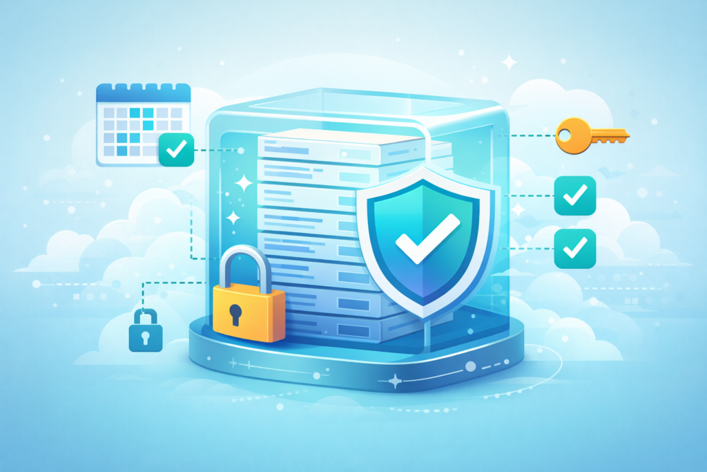Firewall Log Analysis Best Practices visual showing encrypted log vault and data protection controls