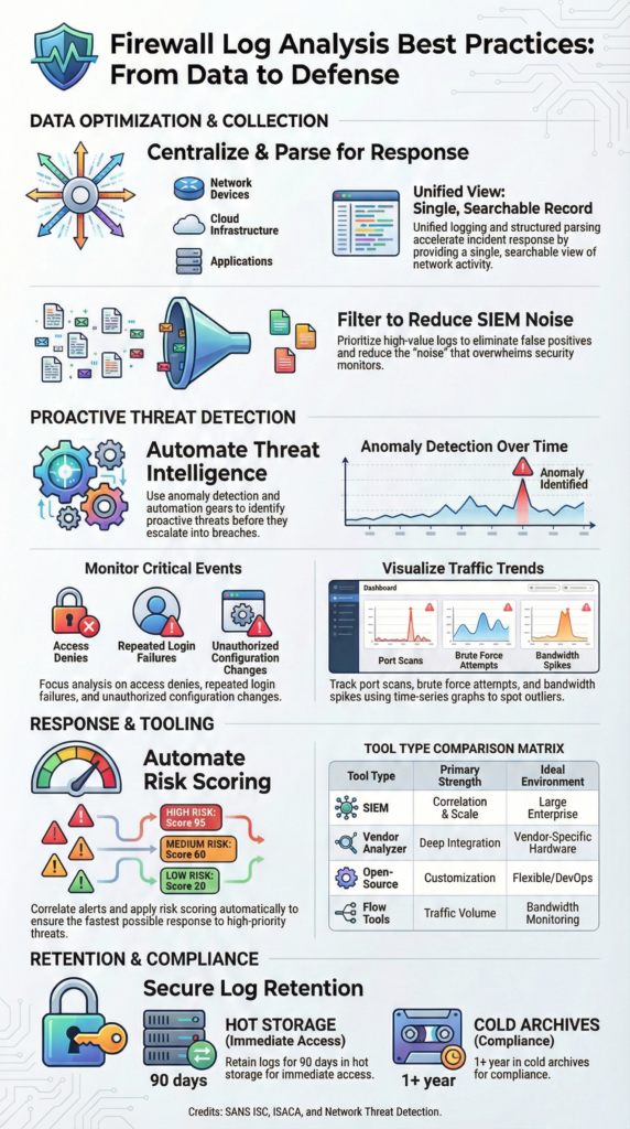 Firewall Log Analysis Best Practices infographic showing data collection, automation, and retention strategies