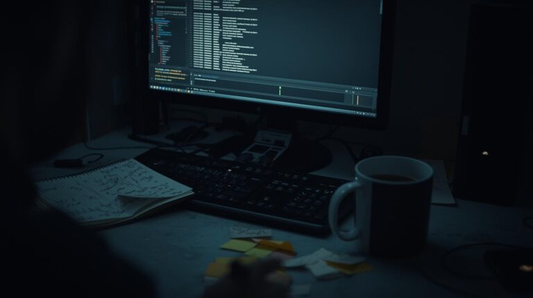 Late night workstation displaying Leveraging Network Traffic (PCAP) analysis with code on screen and notes