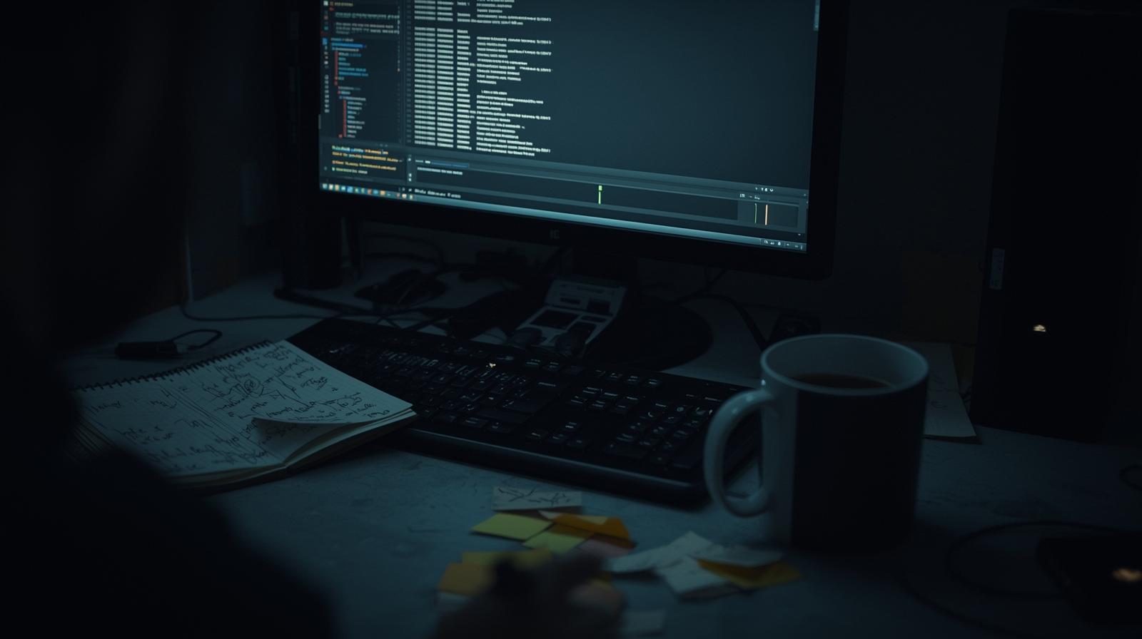 Late night workstation displaying Leveraging Network Traffic (PCAP) analysis with code on screen and notes